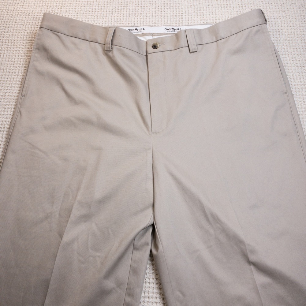 Oak Hill Premium Pant Mens 46 Khaki Flat Front Waist-Relaxer Cotton Trousers NEW